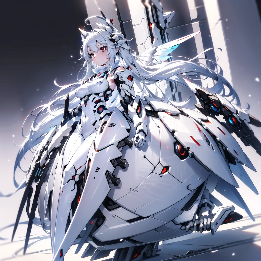 masterpiece, highest quality, highest resolution, clear_image, detailed details, White hair, long hair, cat ears, 1 girl, red eyes, sci-fi dress, white scarf (white scarf around the neck with a light blue glow), gray futuristic halo (gray halo over the head), white wings (6 wings), cute, full body, no water marks, snow, normal ears. white dragon