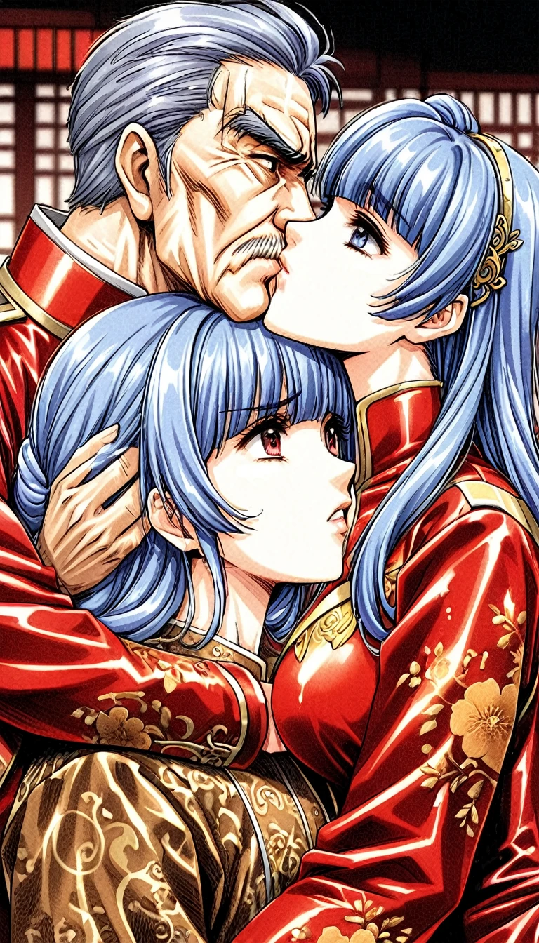 A tragic historical drama in 8k live-action style: Beautiful palace secrets　Beautiful 10 year old Chinese Kung Fu princess with short blue hair has very rough unwanted sex with old man emperor　Gorgeous embroidery, Ultra glossy, She is wearing a shiny red top and bottom long sleeve floral pajama kung fu suit....　　She gets kissed