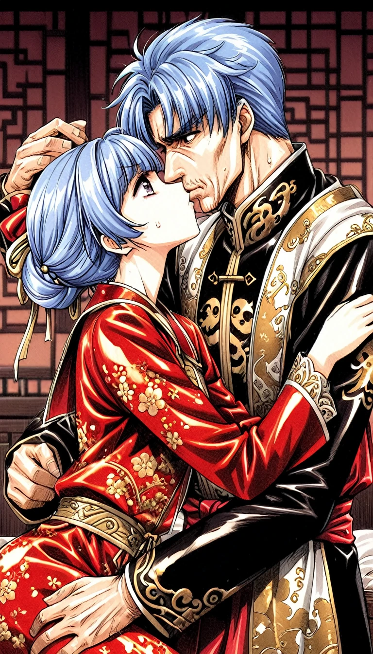 A tragic historical drama in 8k live-action style: Beautiful palace secrets　Beautiful 10 year old Chinese Kung Fu princess with short blue hair has very rough unwanted sex with old man emperor　Gorgeous embroidery, Ultra glossy, She is wearing a shiny red top and bottom long sleeve floral pajama kung fu suit....　　She gets kissed