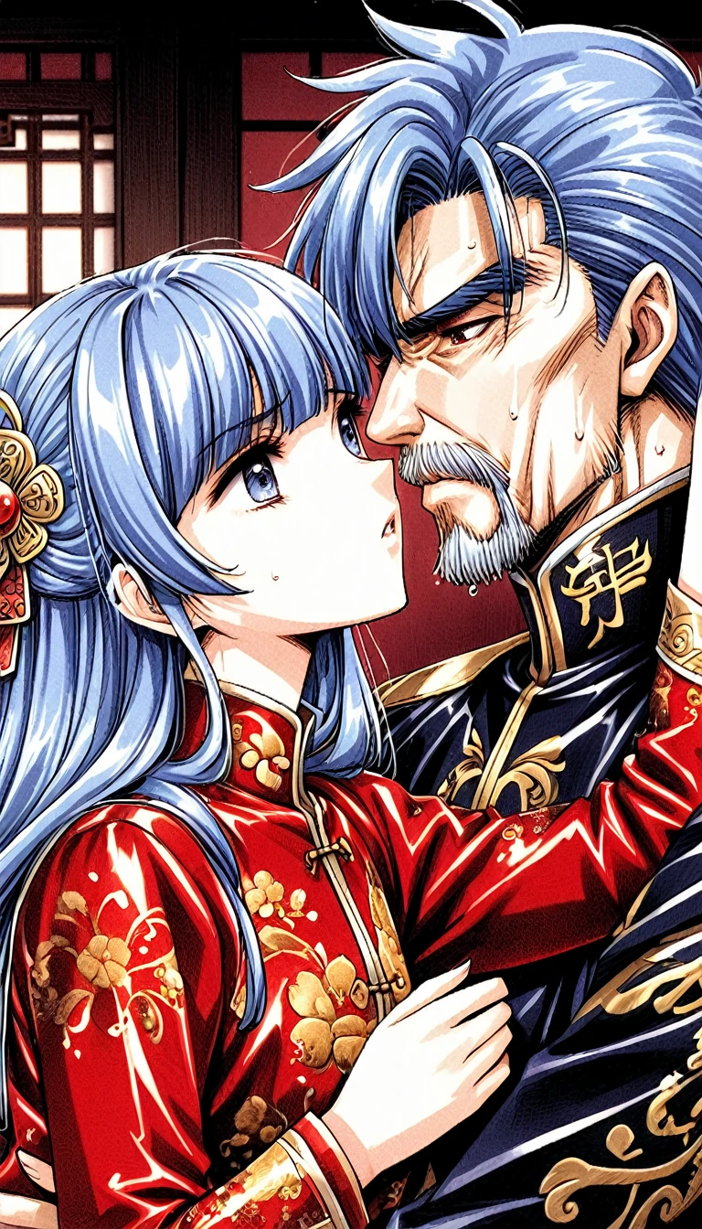 A tragic historical drama in 8k live-action style: Beautiful palace secrets　Beautiful 10 year old Chinese Kung Fu princess with short blue hair has very rough unwanted sex with old man emperor　Gorgeous embroidery, Ultra glossy, She is wearing a shiny red top and bottom long sleeve floral pajama kung fu suit....　　She gets kissed