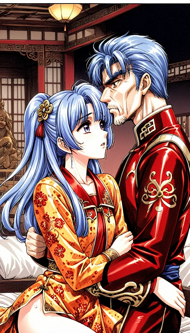 A tragic historical drama in 8k live-action style: Beautiful palace secrets　Beautiful 10 year old Chinese Kung Fu princess with short blue hair has very rough unwanted sex with old man emperor　Gorgeous embroidery, Ultra glossy, She is wearing a shiny red top and bottom long sleeve floral pajama kung fu suit....　　She gets kissed