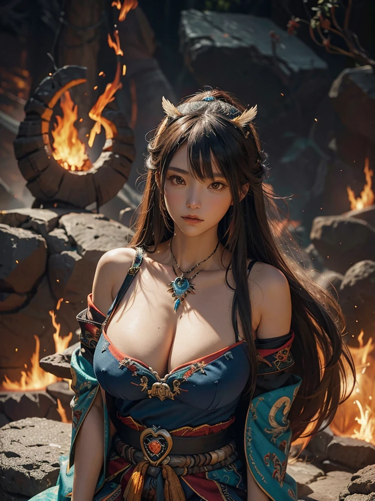 shaman girl, gigantic breast. full colours In stone Valley. Big feathers, linked to fire, flame. Long legs, exposed heart. Lava
