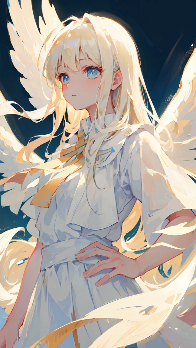 a beautiful angel with flowing white dress, wings spread, hand on hip, side view, (best quality,4k,8k,highres,masterpiece:1.2),ultra-detailed,(realistic,photorealistic,photo-realistic:1.37),HDR,UHD,studio lighting,extremely detailed face and eyes,delicate facial features,long eyelashes,smooth skin,intricate dress folds,glowing skin,angelic expression,sunlight streaming through clouds,simple background