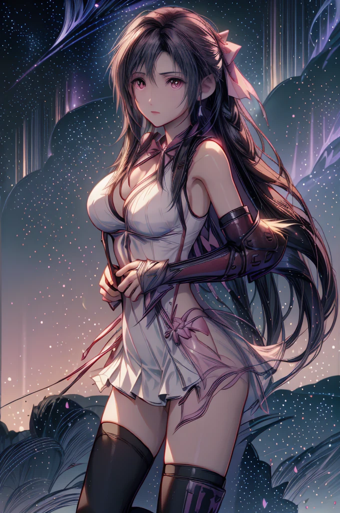 (8K HDR photorealistic pic), Tifa Lockhart, muscular, athletic, cheerful, toned body, (massive breasts), hourglass figure, fighter, long dark hair tied with ribbon at the end, ((Aerith costume, white dress, pink jacket)), realistic, seductive, red eyes, soft shadows, (masterpiece), Starry Sky with Mountains and Lake, Inspired by Jessica Rossier, Jessica Rossier Fantasy Art, Concept Art Magic Highlights, Official Artwork, Dream Painting, Ethereal Realm, Atmospheric artwork, dreamy matte paintings, serene endless stars inspired by Ted Nasmith, moonlit starry environments, epic music album covers.