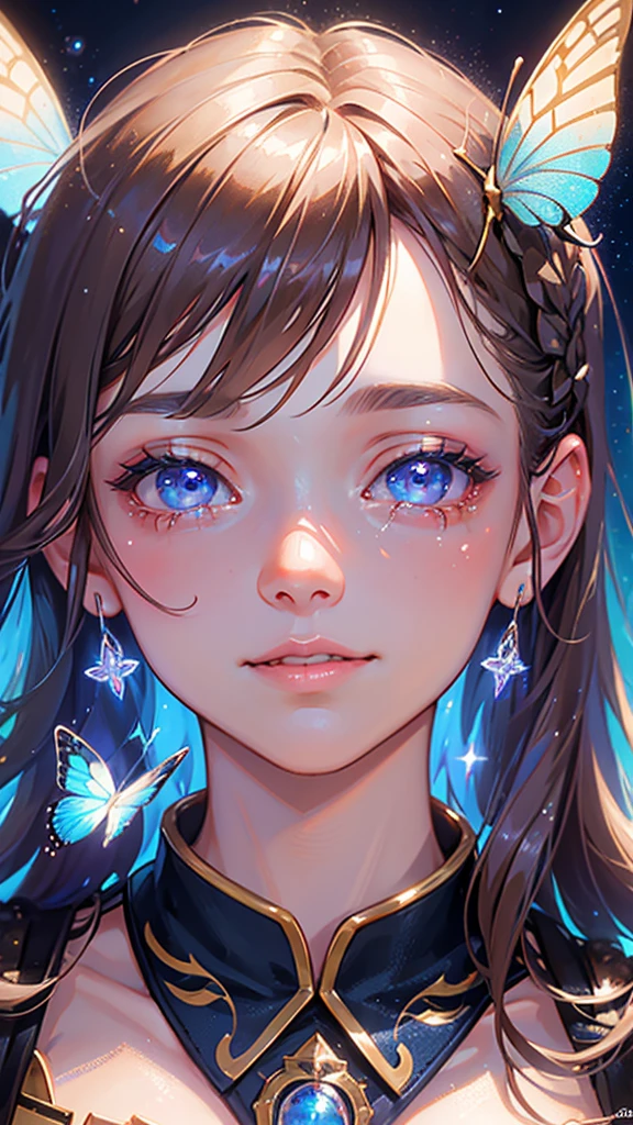 a crying girl with a smile, light brown hair with bangs, blue eyes, pink and blue butterflies, galaxy background, 1girl, beautiful detailed eyes, beautiful detailed lips, extremely detailed eyes and face, long eyelashes, detailed portrait, emotional, whimsical, cinematic lighting, intricate, highly detailed, digital painting, masterpiece, photorealistic, captivating, vivid colors, vibrant, ethereal, magical