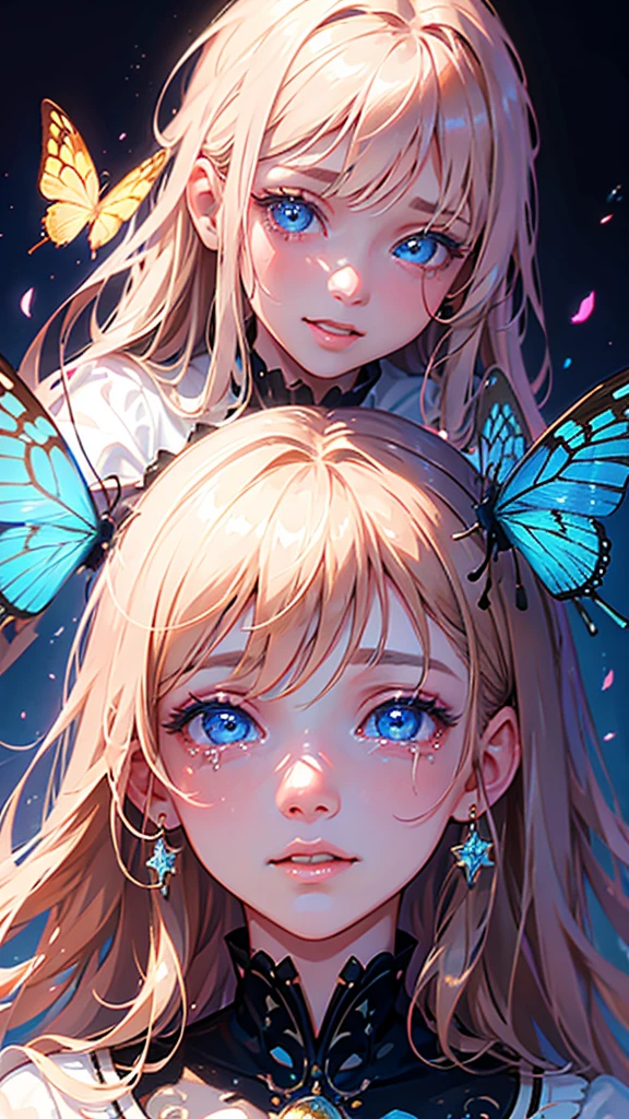 a crying girl with a smile, light brown hair with bangs, blue eyes, pink and blue butterflies, galaxy background, 1girl, beautiful detailed eyes, beautiful detailed lips, extremely detailed eyes and face, long eyelashes, detailed portrait, emotional, whimsical, cinematic lighting, intricate, highly detailed, digital painting, masterpiece, photorealistic, captivating, vivid colors, vibrant, ethereal, magical