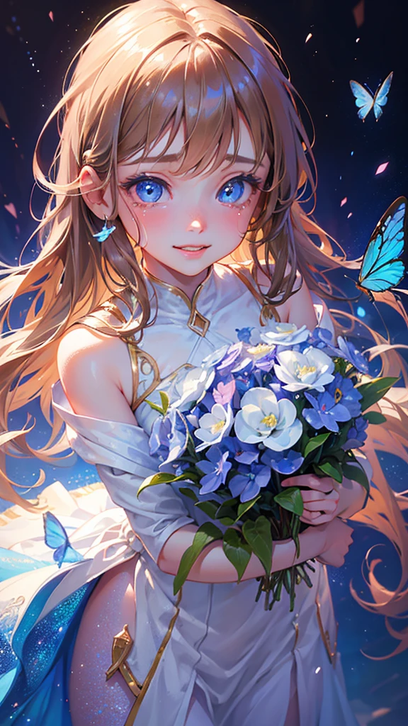 a crying girl with a smile, light brown hair with bangs, blue eyes, pink and blue butterflies, galaxy background, 1girl, beautiful detailed eyes, beautiful detailed lips, extremely detailed eyes and face, long eyelashes, detailed portrait, emotional, whimsical, cinematic lighting, intricate, highly detailed, digital painting, masterpiece, photorealistic, captivating, vivid colors, vibrant, ethereal, magical