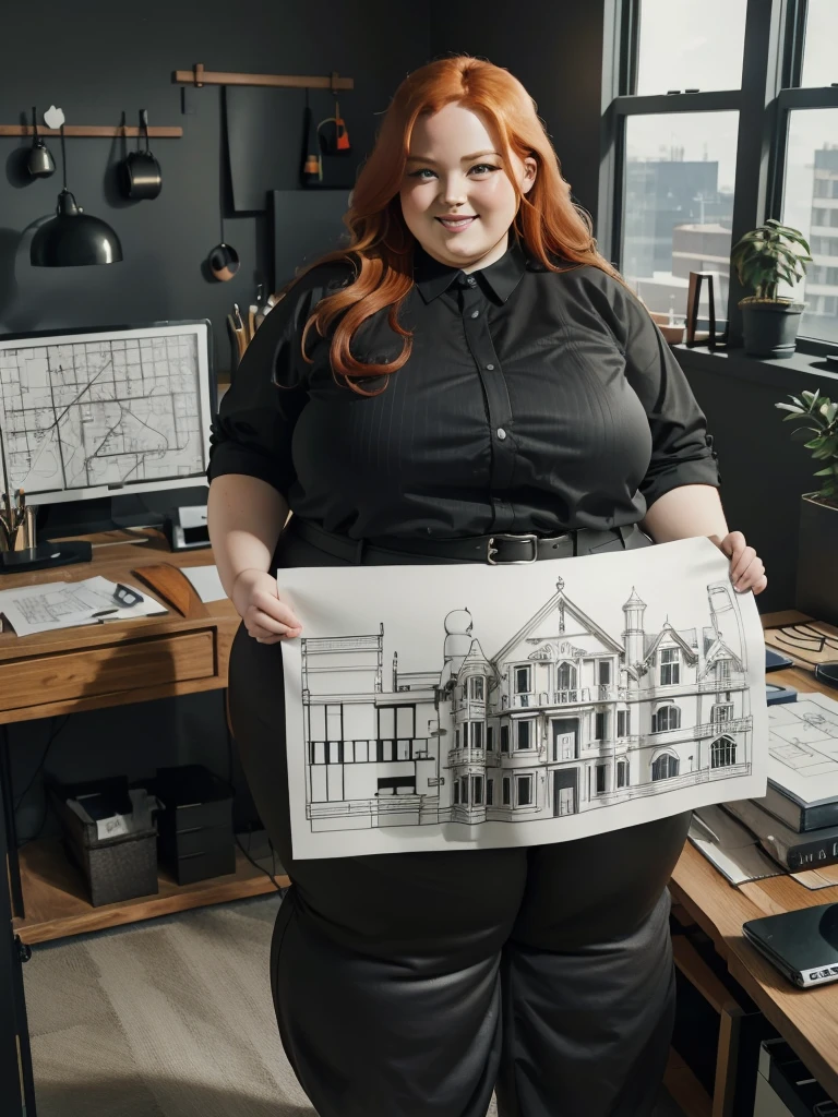 A happy/excited and detailed photo of a Beautiful ginger architect SSBBW, with long wavy ginger hair, with big soft fat belly, thicc fat arms, thicc wide legs, big breast, in long black pants, long black shirt tucked in her pants, black belt, in her new modern wooden-styled architect office holding a pen, architect office with a lot of building models and house blueprints, building blueprints on walls, huge window