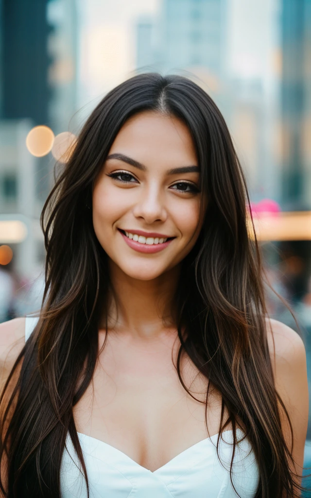 Face portrait, smiling, happy, long hair, gorgeous, city girl, sexy girl, make-up, (masterpiece), best quality, high resolution, extremely detailed, blurred background, depth of field, cinematic lighting