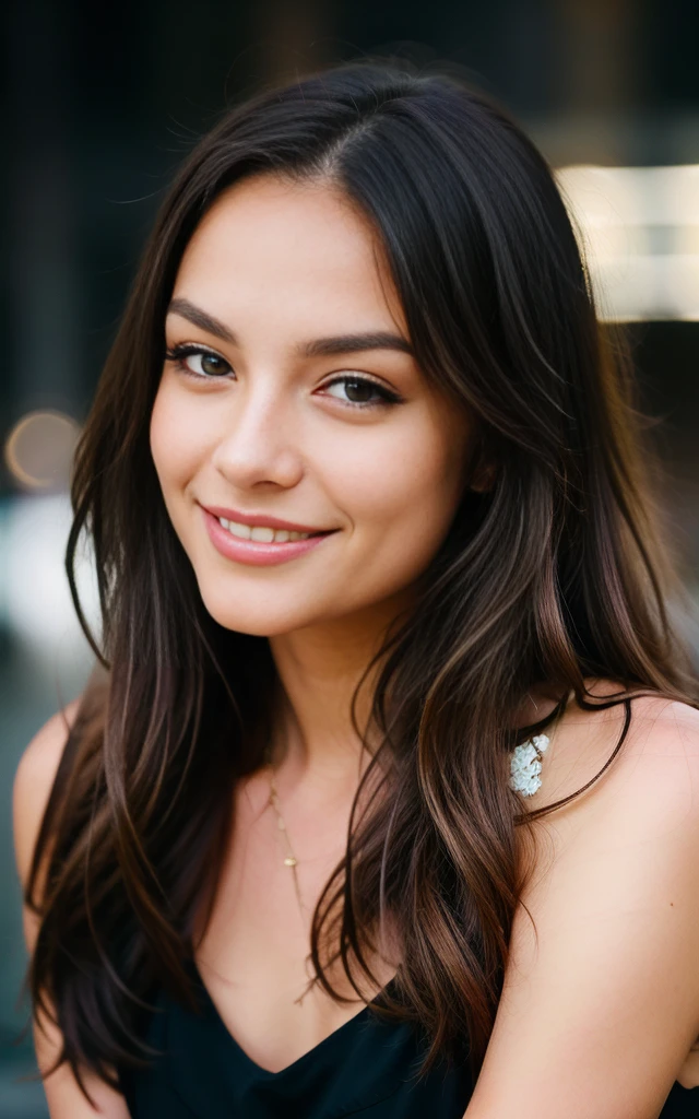 Face portrait, smiling, happy, long hair, gorgeous, city girl, sexy girl, make-up, (masterpiece), best quality, high resolution, extremely detailed, blurred background, depth of field, cinematic lighting