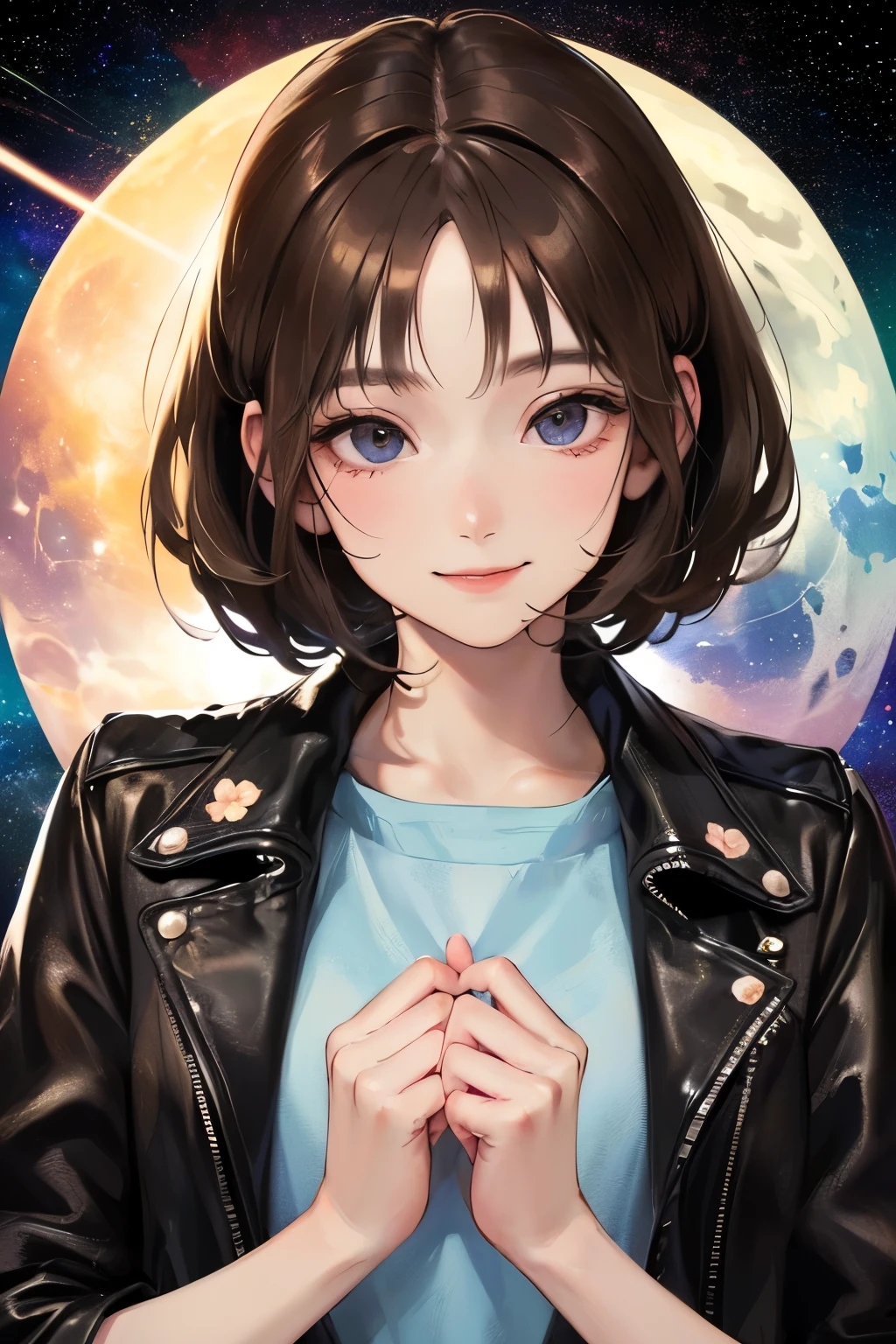 (((Bose)))、(((Front view)))、((1 person)),Masterpiece,best quality, ((Floral Skirt))),boots ,((leather jacket))、((Space Background))、((Smile)),determined expression, Upper body diagram、 (Highest Resolution、Clear_image)、Best Quality、Light and shadow contrast、((illumination))、Very detailed、Semi-realistic、Short Hairstyle、Brown Hair、bangs、19 years old、 Lady,,young、((View from the front))、Delicate Facial Features