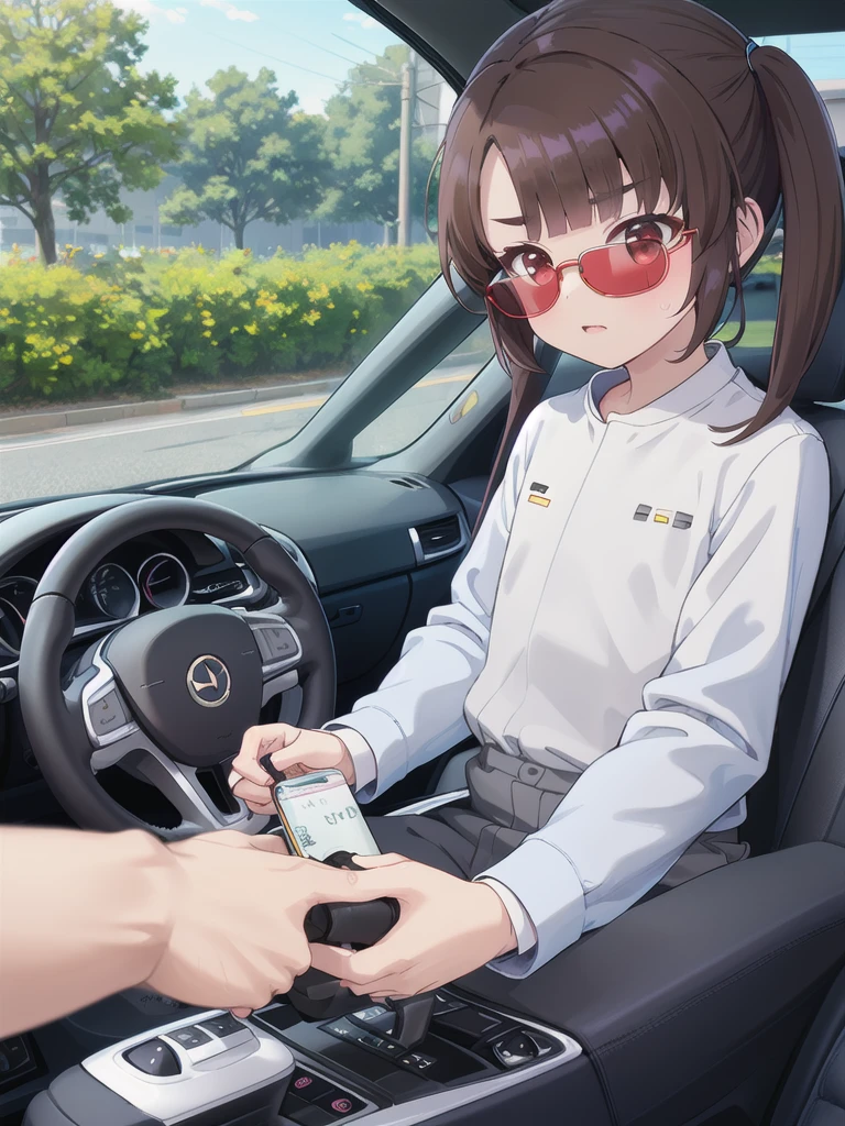 In the car,Convertible,Sitting,((Behind the wheel of a car)),Looking Ahead,driving,1 Girl, 独奏, Red eyes,sunglasses,, Twin tails, brown hair,crawling,((顔 focus)),upper body,White long sleeve shirt,Grey slacks, bangs, eyebrows visible through hair, Flat Chest, 