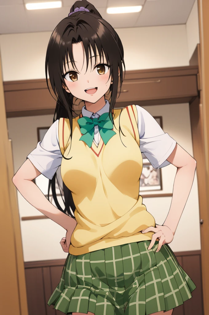 masterpiece, best quality, highres, 1girl, solo, long hair, black hair, ponytail, parted bangs, brown eyes, , green bowtie, white shirt, short sleeves, sweater vest, yellow vest, plaid skirt, green skirt, hands on hips, smile, open mouth, indoors,huge breasts