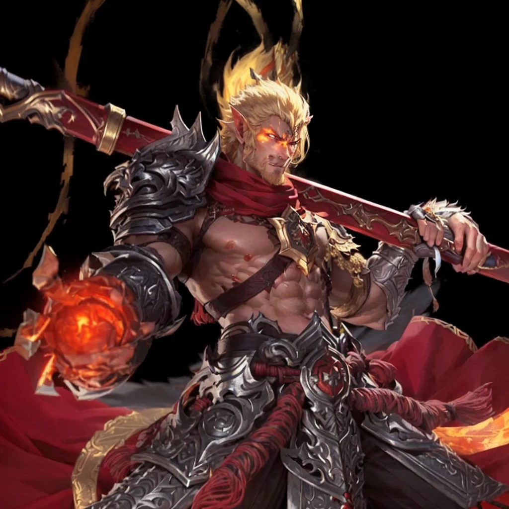 Close-up of a man holding a sword and fire, sun wukong, wukong, Ruler of hell, Super detailed fantasy characters, author：Yang J, Male elf-human-demon hybrid, Legendary god holding a spear, Demon Noble Character Design, Berserker Portrait, Demon Berserker, Elf man male demon, Beautiful Shinigami