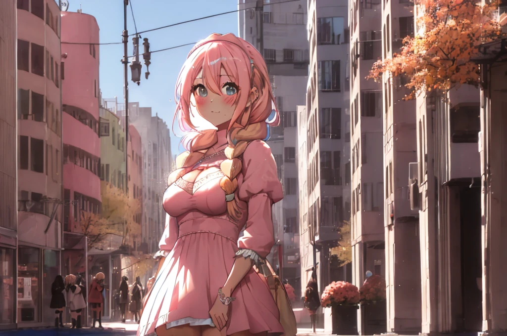 Modern city,Fluffy hair,Light blue hair,Blonde,Light pink hair,Headband,Braid,Autumn outfit,Short clothing that shows the buttocks,The sleeves of the dress are a little long,I can see a little cleavage,Moe sleeves,Date,Several people hugging each other,Embrace,watching each others eyes,Facing each other,blush with embarrassment,Happy expression,Hand in hand,Arms crossed,Flirting with a close-knit body
