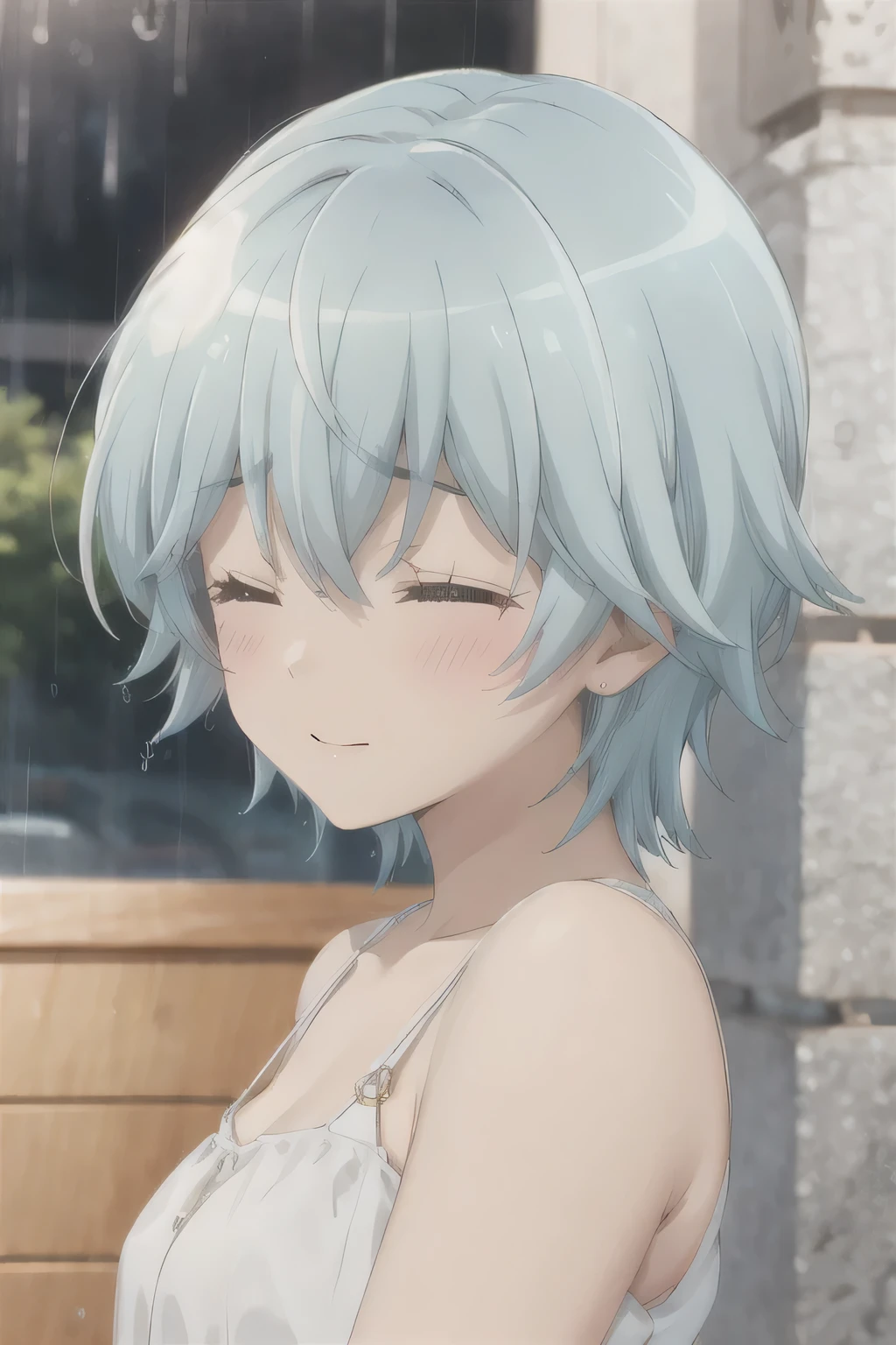 Shyness with eyes closed，Rainy Day，White Dress，Blue Hair，cute，Slightly blush，