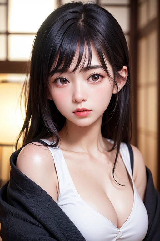 (1 nogizaka girl,raw photo,photo realistic:1.5),(best quality, high quality,HDR, highest quality,ultra high resolution,high resolution,high res,ultra high difinition,huge file size,8K,2K wallpaper,8K wallpaper,high quality texture,amazing,an extremely delicate:1.4),one girl, Japanese famous idol,beautiful face,small face,absurd,ridiculous,incredibly ridiculous,portrait,breasts close up,blurry background,(cleavage,no makeup:1.2),medium skin,beautiful skin,detailed skin,six heads tall,black hair,silky hair,(Japanese eyes:1.3),detailed eyes,black eyes,Japanese idol eyes,triangle eyes,Japanese nose,5-fingers,(Light Particles, Lens Flare, Luminous Particles: 0.7),looking at viewer,bright lighting,professional lighting,girl