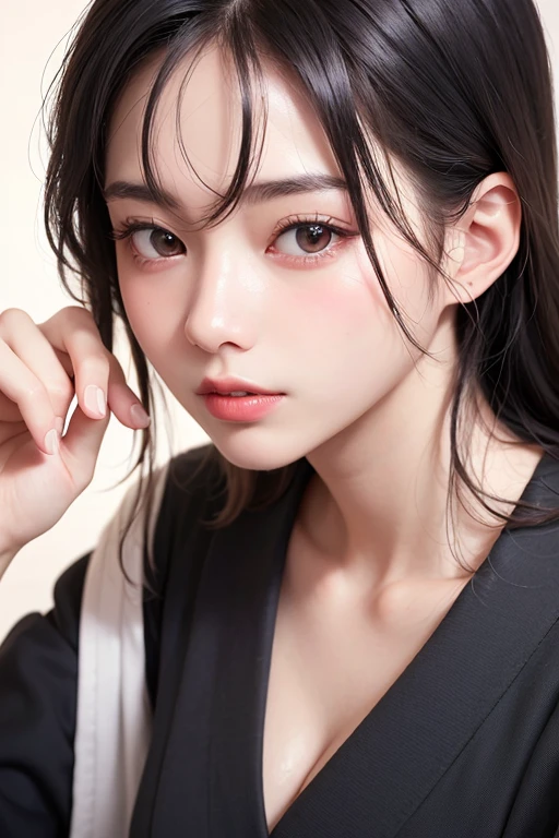 (1 nogizaka girl,raw photo,photo realistic:1.5),(best quality, high quality,HDR, highest quality,ultra high resolution,high resolution,high res,ultra high difinition,huge file size,8K,2K wallpaper,8K wallpaper,high quality texture,amazing,an extremely delicate:1.4),one girl, Japanese famous idol,beautiful face,small face,absurd,ridiculous,incredibly ridiculous,portrait,breasts close up,blurry background,(cleavage,no makeup:1.2),medium skin,beautiful skin,detailed skin,six heads tall,black hair,silky hair,(Japanese eyes:1.3),detailed eyes,black eyes,Japanese idol eyes,triangle eyes,Japanese nose,5-fingers,(Light Particles, Lens Flare, Luminous Particles: 0.7),looking at viewer,bright lighting,professional lighting,girl