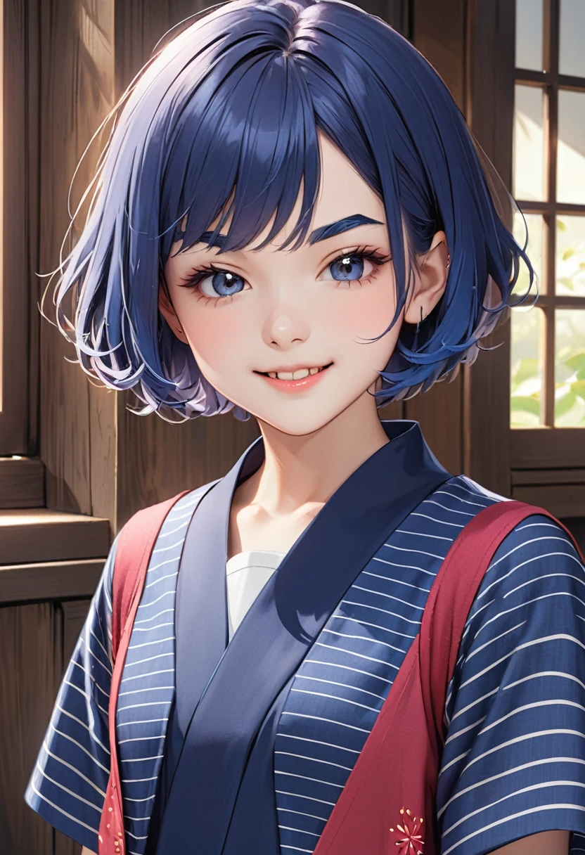 (fashion magazine gravure:1.3),(masterpiece, best quality:1.1),A gravure photo of a girl from the Edo period, with a model posing in a pink yukata,open yukata,Steampunk,model posing,summer,whole body,BREAK.(tween,detailed face,(darkblue wavy-short hair),parallel eyebrows),smile,