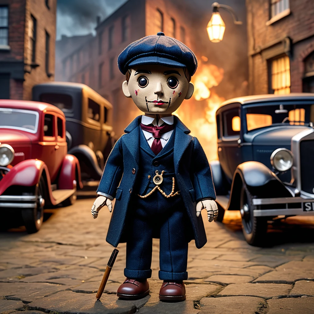 (knitted toy voodoo doll:1.7), (voodoo Thomas Shelby:1.4), (from Peaky Blinders:1.4), (Clothing: tailored suit with flat cap, overcoat, and vest:1.0), (Accessories: pocket watch, cigarette:1.1), (background: smoky 1920s Birmingham street with vintage cars and industrial backdrop:1.2), best quality, masterpiece, detailed soft oil painting, detailed background, dramatic cinematic lighting, soft edge lighting, professional, dramatic lighting, hard edge lighting, ultra quality, 4k, masterpiece, best quality, 8k, ultra high definition, high resolution, extremely detailed
