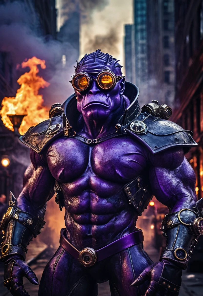 A dark purple humanoid monster with large muscles and gray patches of skin in steampunk glasses stands against the background of burning New York, burning city, dark atmosphere, night, cinematic scene, realistic scene