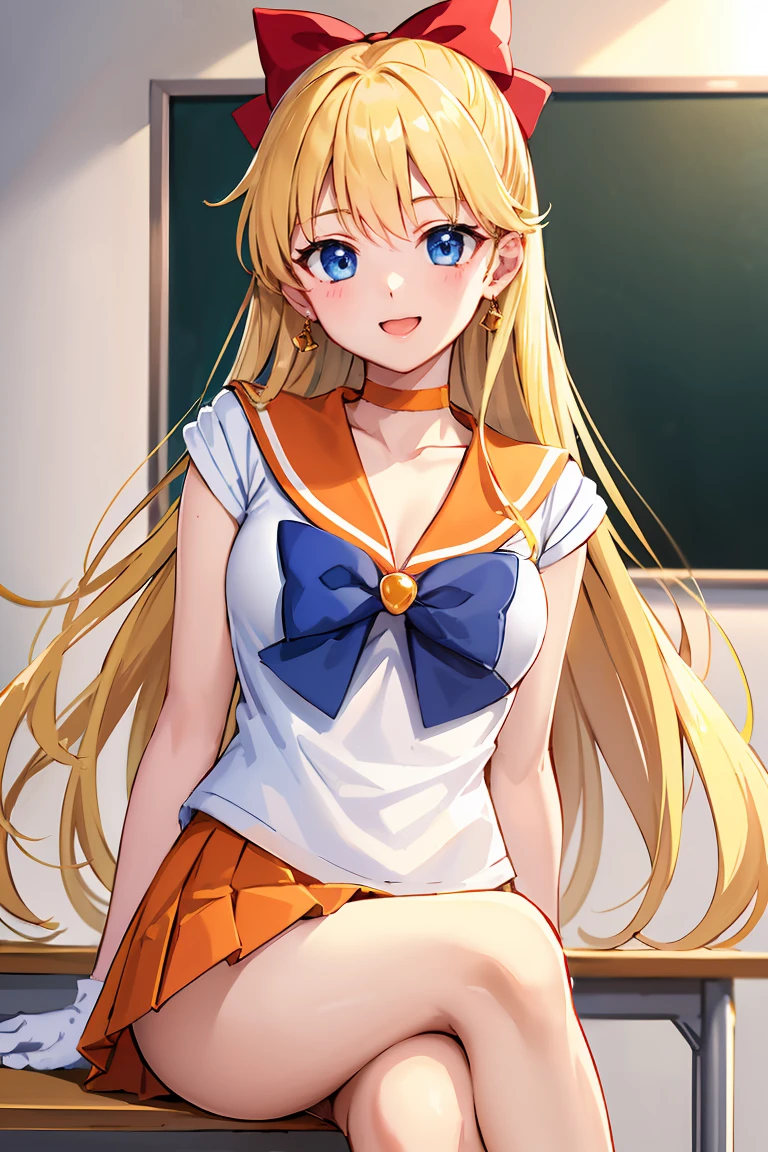 masterpiece, Highest quality, High resolution, Venus 1, One girl, alone, Sailor Warrior Uniforms, Sailor Venus, aino minako, Blonde, Magical girl, blue eyes, Orange Skirt, Elbow hand pockets, tiara, Pleated skirt, Hair Ribbon, Orange sailor collar, mini skirt, choker, Red Bow, orange choker, White gloves, Very long hair,  jewelry,  Earrings, Sitting, Crossing your legs,The background is a school classroom,smile、