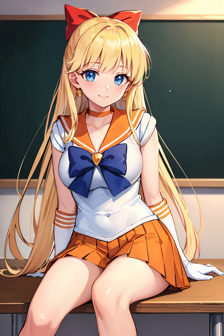 masterpiece, Highest quality, High resolution, Venus 1, One girl, alone, Sailor Warrior Uniforms, Sailor Venus, aino minako, Blonde, Magical girl, blue eyes, Orange Skirt, Elbow hand pockets, tiara, Pleated skirt, Hair Ribbon, Orange sailor collar, mini skirt, choker, Red Bow, orange choker, White gloves, Very long hair, jewelry, Earrings, Sitting, Crossing your legs,The background is a school classroom,smile、