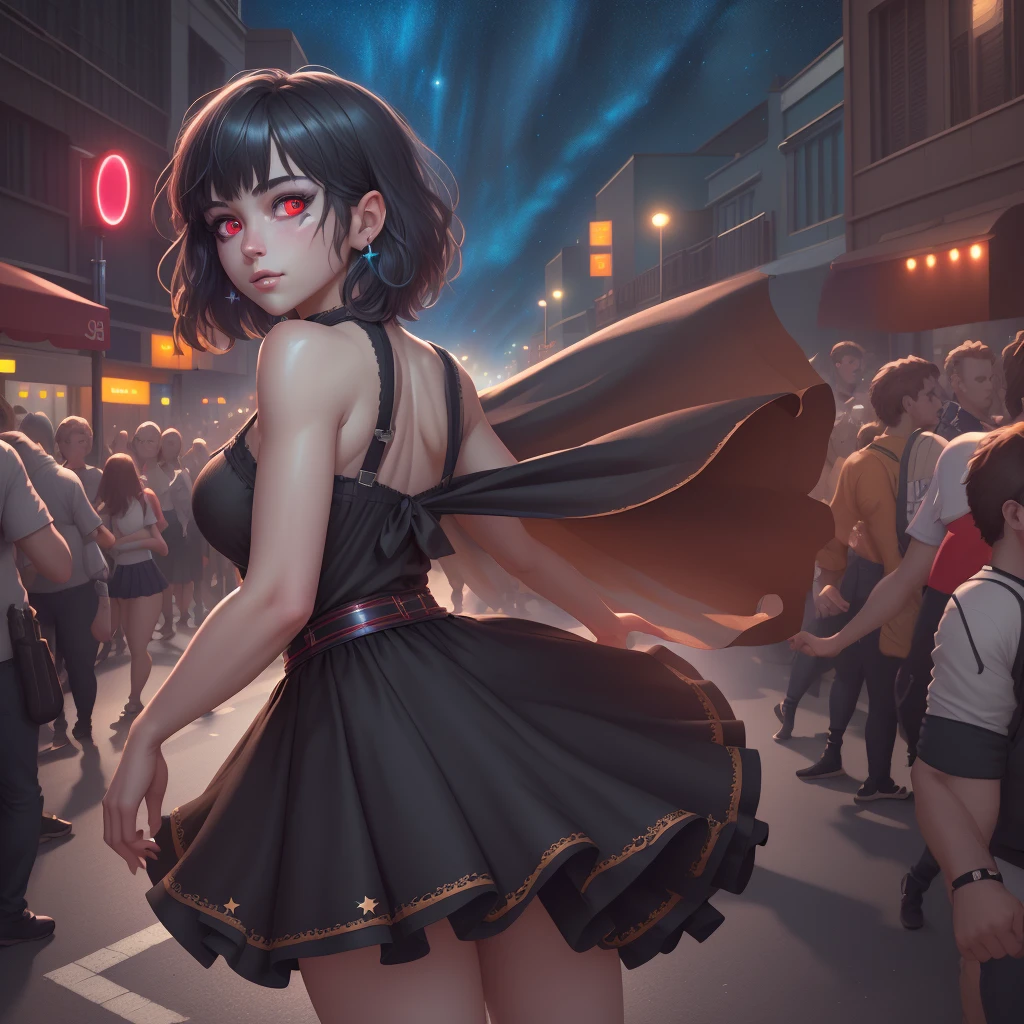 ((masterpiece)), (best quality),, official art, extremely detailed CG unity 8k wallpaper, highly detailed, shiny skin, Depth of field, vivid color,, 1girl, (curvy:0.4), (full body:0.6),, short hair, bangs, red eyes, skirt, looking at viewer, night, street, neon, looking back, star (sky), crowd, upper body,