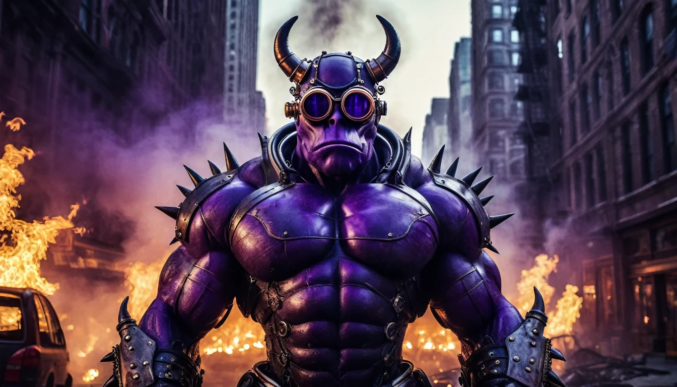 A dark purple humanoid monster with large muscles and gray patches of skin in steampunk glasses stands against the background of burning New York, burning city, dark atmosphere, night, cinematic scene, realistic scene