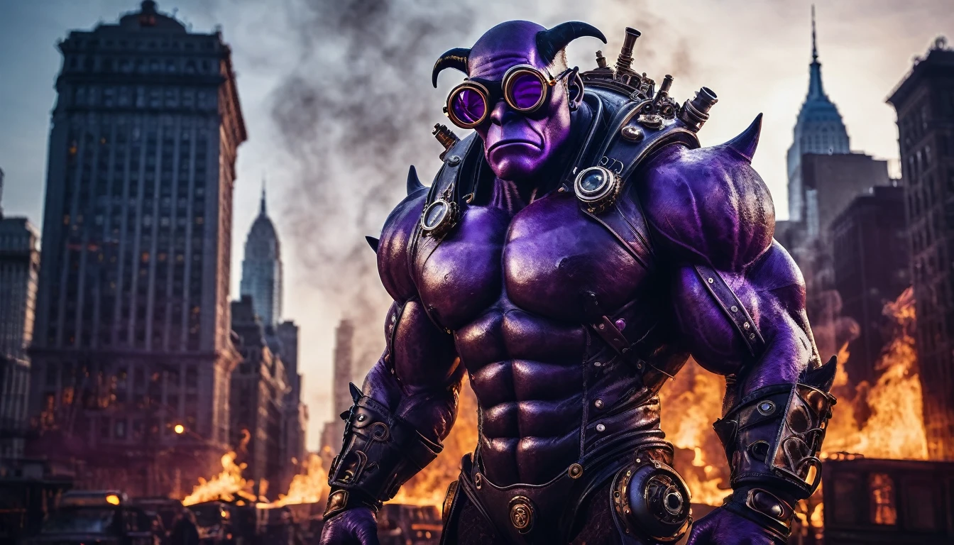 A dark purple humanoid monster with large muscles and gray patches of skin in steampunk glasses stands against the background of burning New York, burning city, dark atmosphere, night, cinematic scene, realistic scene