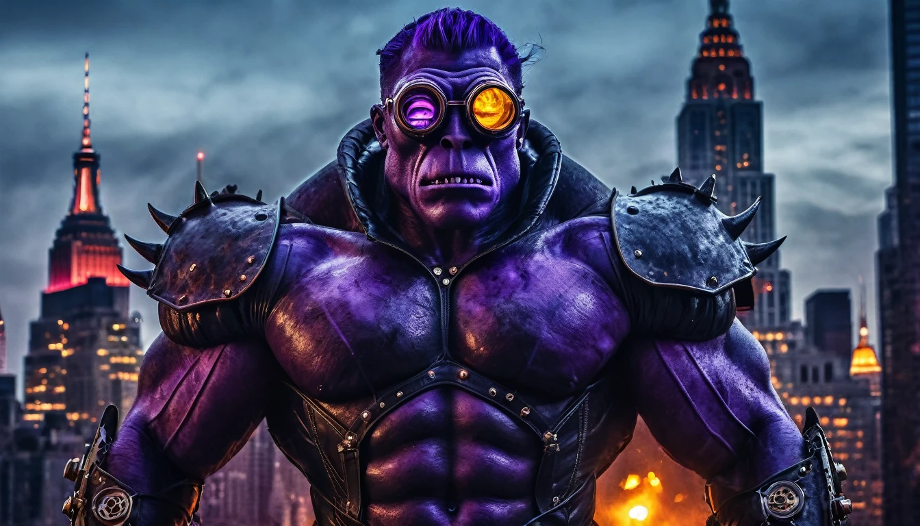 A dark purple humanoid monster with large muscles and gray patches of skin in steampunk glasses stands against the background of burning New York, burning city, dark atmosphere, night, cinematic scene, realistic scene