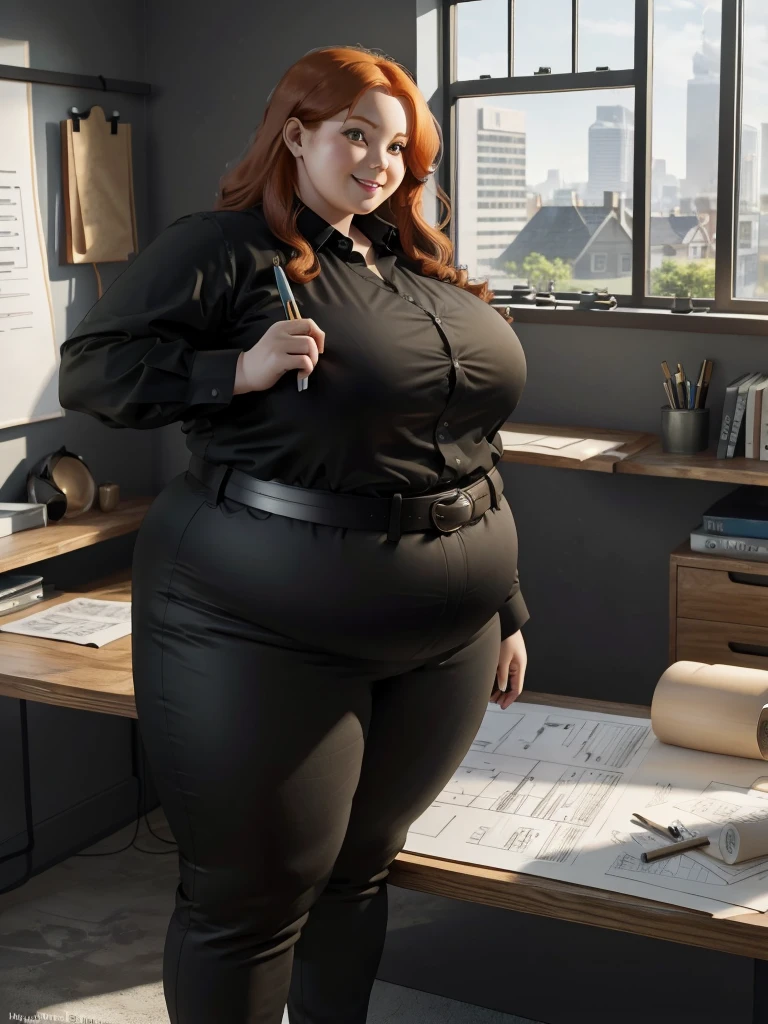 A happy/excited and detailed photo of a Beautiful ginger architect SSBBW, with long wavy ginger hair, with big soft fat belly, thicc fat arms, thicc wide legs, big breast, in long black pants, long black shirt tucked in her pants, black belt, in her new modern wooden-styled architect office holding a pen, architect office with a lot of building models and house blueprints, building blueprints on walls, huge window