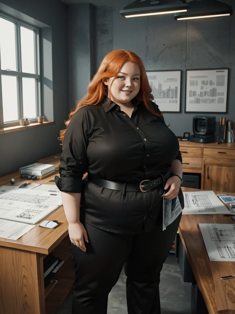 A happy/excited and detailed photo of a Beautiful ginger architect SSBBW, with long wavy ginger hair, with big soft fat belly, thicc fat arms, thicc wide legs, big breast, in long black pants, long black shirt tucked in her pants, black belt, in her new modern wooden-styled architect office holding a pen, architect office with a lot of building models and house blueprints, building blueprints on walls, huge window