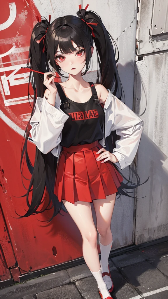 Girl in a miniskirt with a pleated yoke, clothes red and black, Twin-Tail hair white-red, in a beautiful inscription on the wall background. Full length 2D wallpaper.