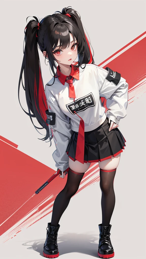 Girl in a miniskirt with a pleated yoke, clothes red and black, Twin-Tail hair white-red, in a beautiful inscription on the wall background. Full length 2D wallpaper.