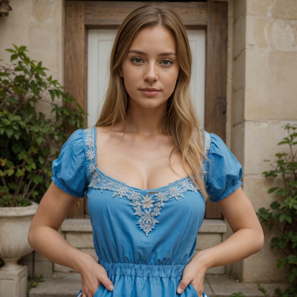 8K photo of a 30 year old girl with cheveux blond and yeux marrons, heureux, expression joyeuse, closed mouth, beau lips, Intricate details, faible profondeur de champ, very detailed, detail du corps tres texturer et detail parfait, de tres belle mains, ariere plan detailler, in front of the house, beautiful blue dress, high budget, magnifique, chef-d'artwork, prime, very detailed, detailed skin texture, (rougir: 0.5), (chair de poule: 0.5). (the most beau woman in the world) (cheveux bruns) (Short, curly hair, les cheveux sauvages, elegant coupe) visage mince, nez fin, beau, very beau, parfait face, mince body (mince), (cheveux bruns) (yeux marrons ) (peau blanche) beau corps, face ouest, Yeux predators, pink lips, thick thighs. Tout le corps, Beauté occidentale, nez fin, beau, parfait, ((Best quality)), ((ultra resolution)), ((photorealistic: 1.4)), (Intricate details), parfait face, se maquiller: 1.5 , visage clair, Facial details. vue de face ((uniforme, costume tactique, disguise of'agent, ESPIONNER))