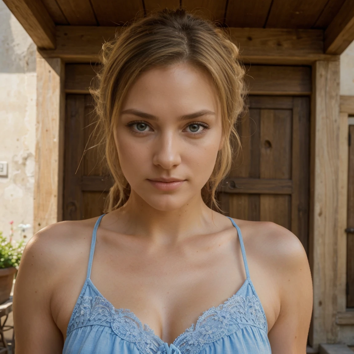 8K photo of a 30 year old girl with cheveux blond and yeux marrons, heureux, expression joyeuse, closed mouth, beau lips, Intricate details, faible profondeur de champ, very detailed, detail du corps tres texturer et detail parfait, de tres belle mains, ariere plan detailler, in front of the house, beautiful blue dress, high budget, magnifique, chef-d&#39;artwork, prime, very detailed, detailed skin texture, (rougir: 0.5), (chair de poule: 0.5). (the most beau woman in the world) (cheveux bruns) (Short, curly hair, les cheveux sauvages, elegant coupe) visage mince, nez fin, beau, very beau, parfait face, mince body (mince), (cheveux bruns) (yeux marrons ) (peau blanche) beau corps, face ouest, Yeux predators, pink lips, thick thighs. Tout le corps, Beauté occidentale, nez fin, beau, parfait, ((Best quality)), ((ultra resolution)), ((photorealistic: 1.4)), (Intricate details), parfait face, se maquiller: 1.5 , visage clair, Facial details. vue de face ((uniforme, costume tactique, disguise of&#39;agent, ESPIONNER))