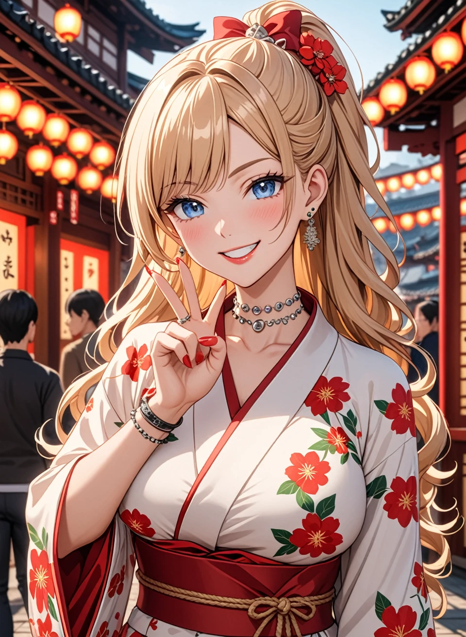 ((One personの女性)), Beautiful Face, (Laughing embarrassedly), ((smirk:1.3)), ((Wink:1.1)), (head tilt:1.3), Laugh with your mouth wide open, upper teeth, looking at viewer, ((Bright red cheeks:1.6)),Glossy Red Lips, ((Big Breasts:1.3)) evening, Shrine festival stalls, Glossy red lips, Shining Face, ((Anime style background)),masterpiece, Highest quality, so beautiful,up to date, Complex details, (Pink long nails), (nail art), (ring),(bracelet), (helix piercing:1.6), (Floral choker),AI-generated, Complex,High resolution, Highest quality, super high quality,3D Images、3D Images,One person,Blonde long hair,(High Ponytail), (wavy hair), Anime woman posing for a photo, ((Fine grain、blue eyes、Shining Eyes:1.3)), (Squint your eyes:1.1),a hyperRealistic , hyperRealistic , Realistic,Long and blonde anime woman, Smooth anime CG art, Pink large floral patternの刺繍が入った、Woman in luxurious kimono, ((White long sleeve kimono)),(Pink large floral pattern) ,Long flower hair ornament,Earrings,Mature Body, Tall,Abdominal muscles,Tight waist, ((making a peace sign)), (front view),
