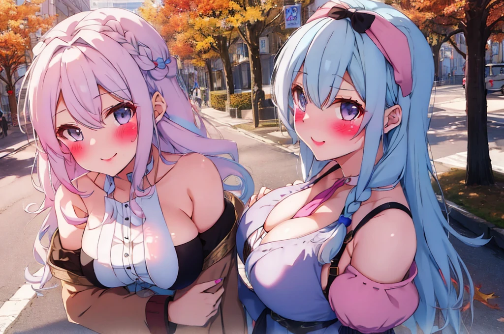 Modern city,Fluffy hair,Light blue hair,Blonde,Light pink hair,Headband,Braid,Autumn outfit,Short clothing that shows the buttocks,The sleeves of the dress are a little long,I can see a little cleavage,Moe sleeves,Date,Several people hugging each other,Embrace,watching each others eyes,Facing each other,blush with embarrassment,Happy expression,Hand in hand,Arms crossed,Flirting with a close-knit body