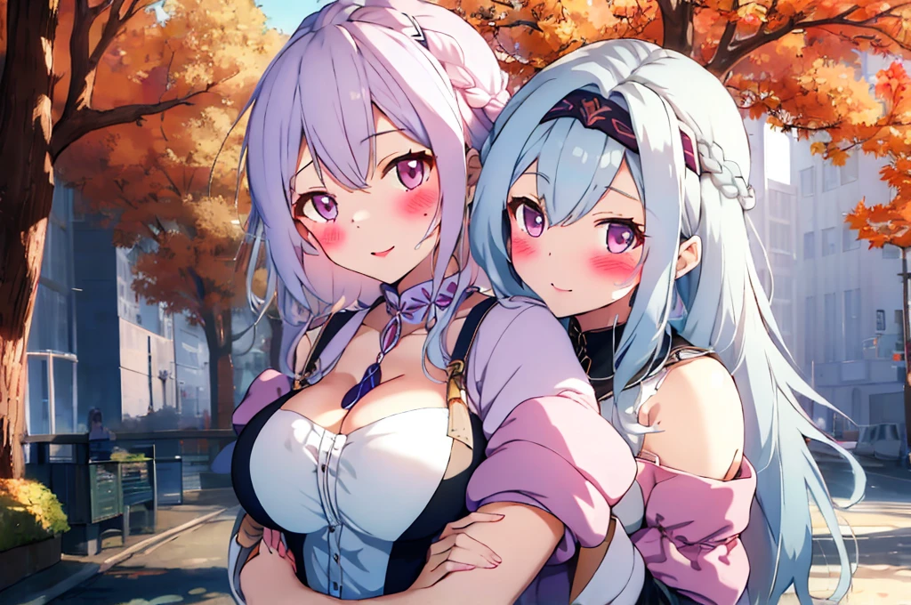 Modern city,Fluffy hair,Light blue hair,Blonde,Light pink hair,Headband,Braid,Autumn outfit,Short clothing that shows the buttocks,The sleeves of the dress are a little long,I can see a little cleavage,Moe sleeves,Date,Several people hugging each other,Embrace,watching each others eyes,Facing each other,blush with embarrassment,Happy expression,Hand in hand,Arms crossed,Flirting with a close-knit body