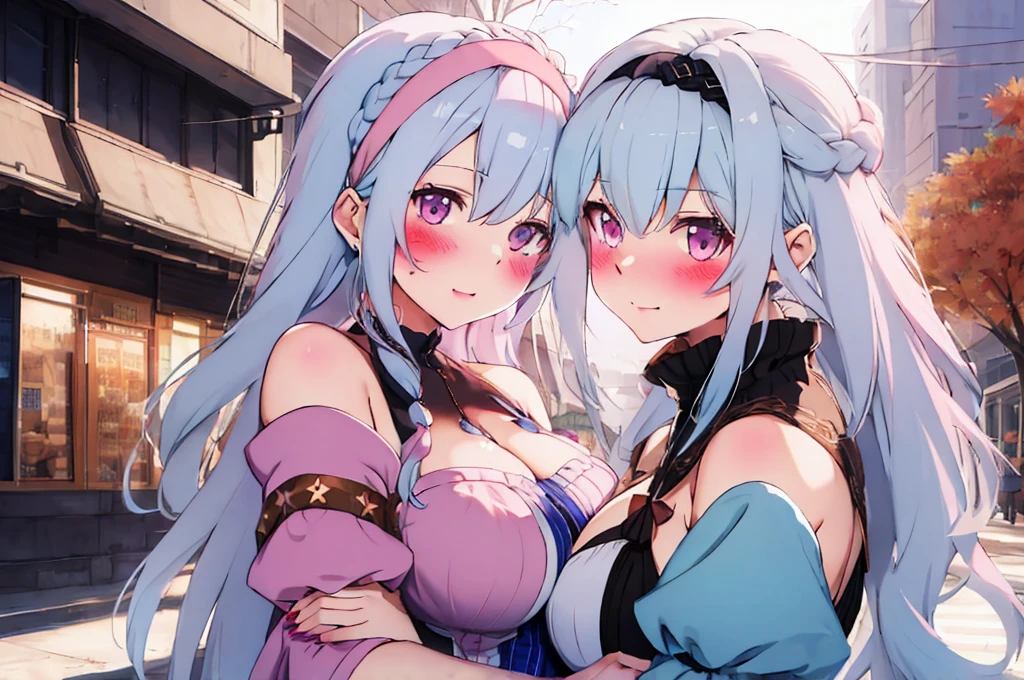 Modern city,Fluffy hair,Light blue hair,Blonde,Light pink hair,Headband,Braid,Autumn outfit,Short clothing that shows the buttocks,The sleeves of the dress are a little long,I can see a little cleavage,Moe sleeves,Date,Several people hugging each other,Embrace,watching each others eyes,Facing each other,blush with embarrassment,Happy expression,Hand in hand,Arms crossed,Flirting with a close-knit body
