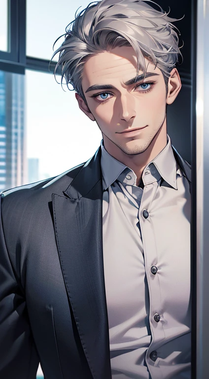 (best quality,4k,8k,highres,masterpiece:1.2),ultra-detailed,(realistic,photorealistic,photo-realistic:1.37),1 man,31 years old,mature man,very handsome,without expression,smile,short grey silver hair,blue eyes,penetrating gaze,perfect face without errors,imposing posture,businessman,office background,cinematic lighting,hdr image