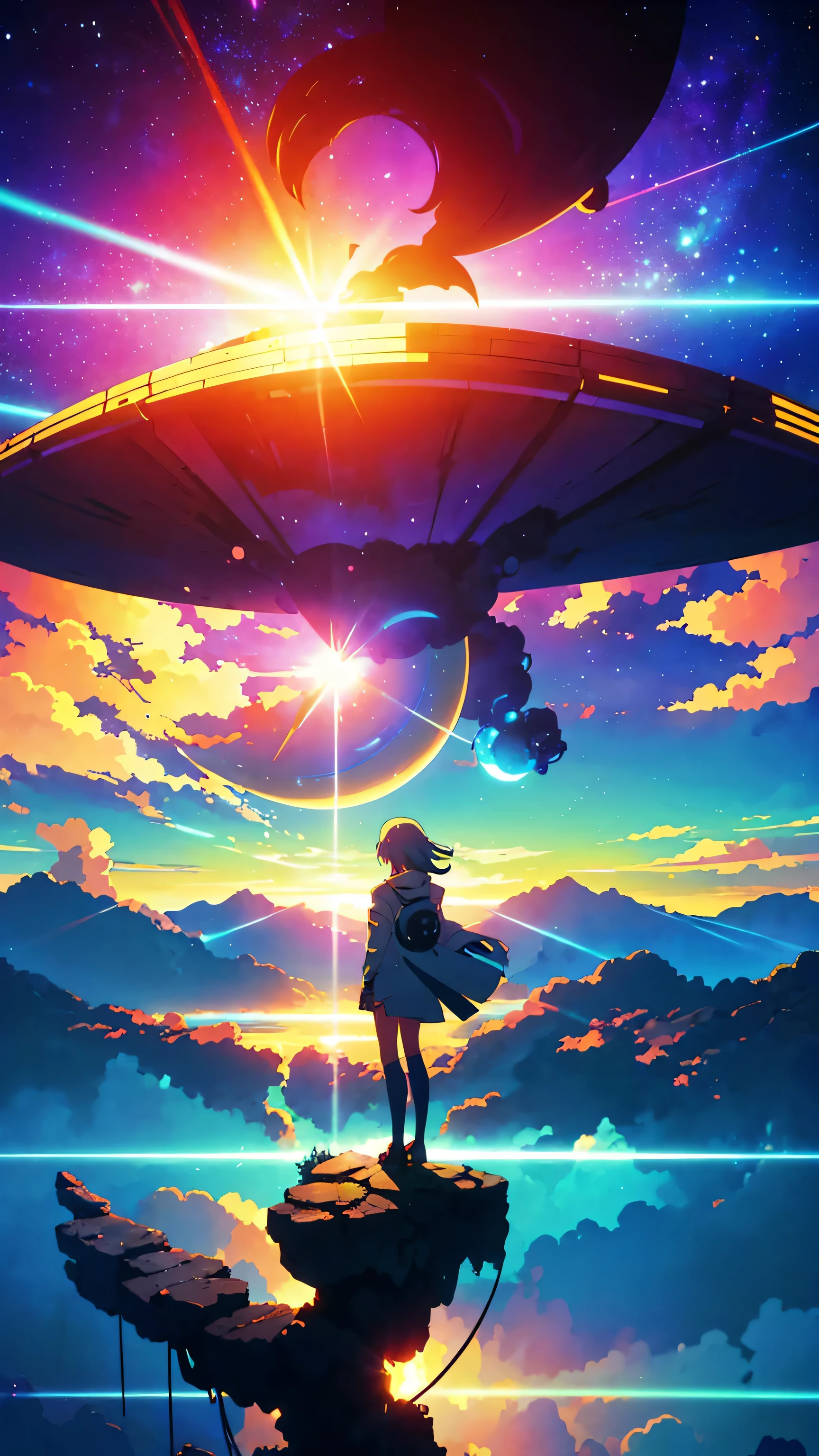 (best quality),anime, a girl standing on a cliff looking at a spiral, cyberpunk art inspired by Yuumei, trending on pixiv, space art, makoto shinkai cyril rolando, cosmic skies. by makoto shinkai, dreamy psychedelic anime, beautiful anime scene, anime epic artwork, watching the sun set. anime, realism | beeple