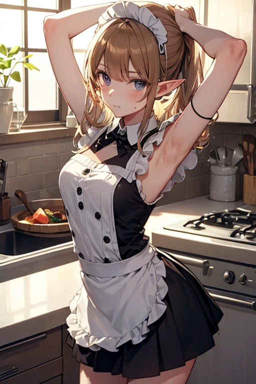 A maid, (in kitchen), various hair styles, night, details face, short skirt, seducing, sleeveless, maid uniform, armpits, elf