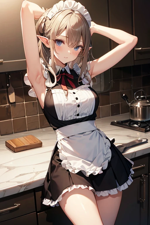 A maid, (in kitchen), various hair styles, night, details face, short skirt, seducing, sleeveless, maid uniform, armpits, elf