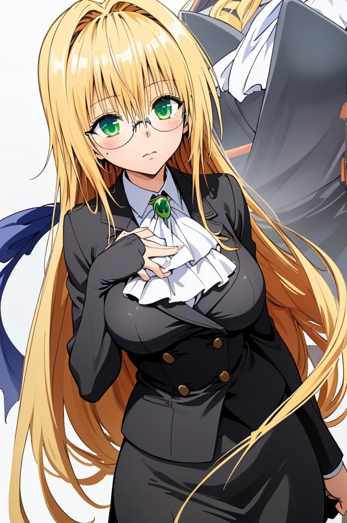 (masterpiece, best quality), 1girl,   aatearju, very long hair, low-tied long hair, hair ribbon, green eyes, glasses, huge breasts, white ascot, black jacket, long sleeves, black skirt