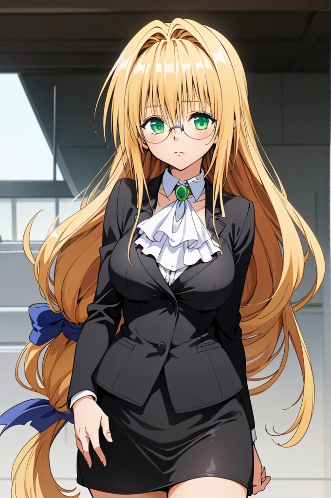 (masterpiece, best quality), 1girl,   aatearju, very long hair, low-tied long hair, hair ribbon, green eyes, glasses, huge breasts, white ascot, black jacket, long sleeves, black skirt