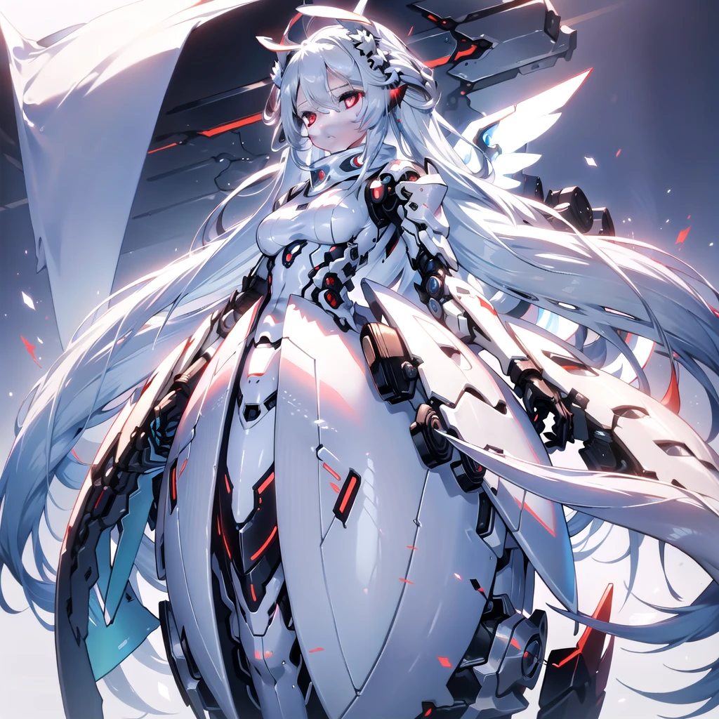 masterpiece, highest quality, highest resolution, clear_image, detailed details, White hair, long hair, cat ears, 1 girl, red eyes, sci-fi dress, white scarf (white scarf around the neck with a light blue glow), gray futuristic halo (gray halo over the head), white wings (6 wings), cute, full body, no water marks, snow, normal ears. white dragon