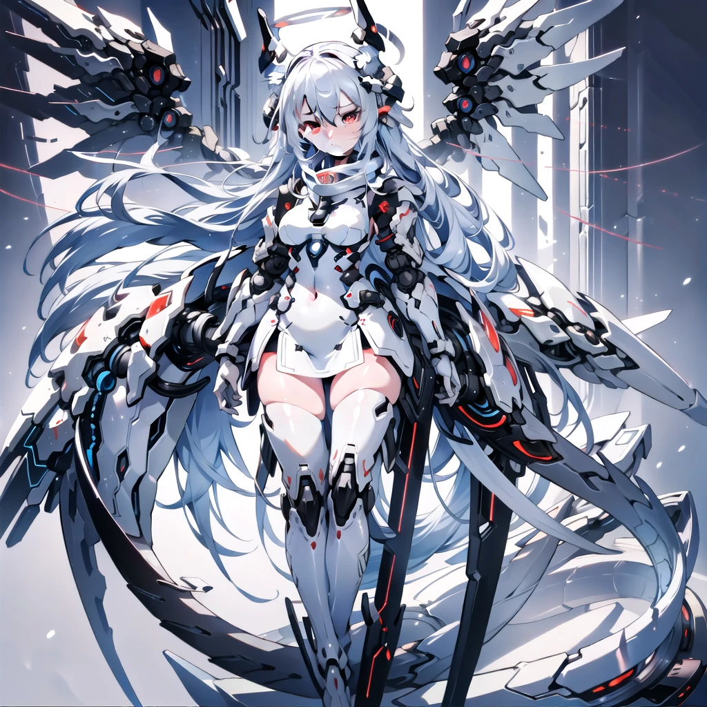 masterpiece, highest quality, highest resolution, clear_image, detailed details, White hair, long hair, cat ears, 1 girl, red eyes, sci-fi dress, white scarf (white scarf around the neck with a light blue glow), gray futuristic halo (gray halo over the head), white wings (6 wings), cute, full body, no water marks, snow, normal ears. white dragon