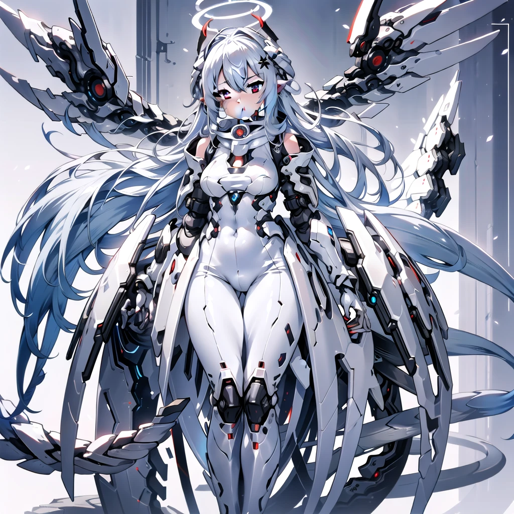 masterpiece, highest quality, highest resolution, clear_image, detailed details, White hair, long hair, cat ears, 1 girl, red eyes, sci-fi dress, white scarf (white scarf around the neck with a light blue glow), gray futuristic halo (gray halo over the head), white wings (6 wings), cute, full body, no water marks, snow, normal ears. white dragon